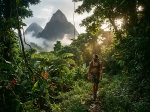 Wandelaar op junglepad in Saint Lucia met de mistige Piton-vulkanen op de achtergrond, omgeven door tropische varens en heliconiabloemen.