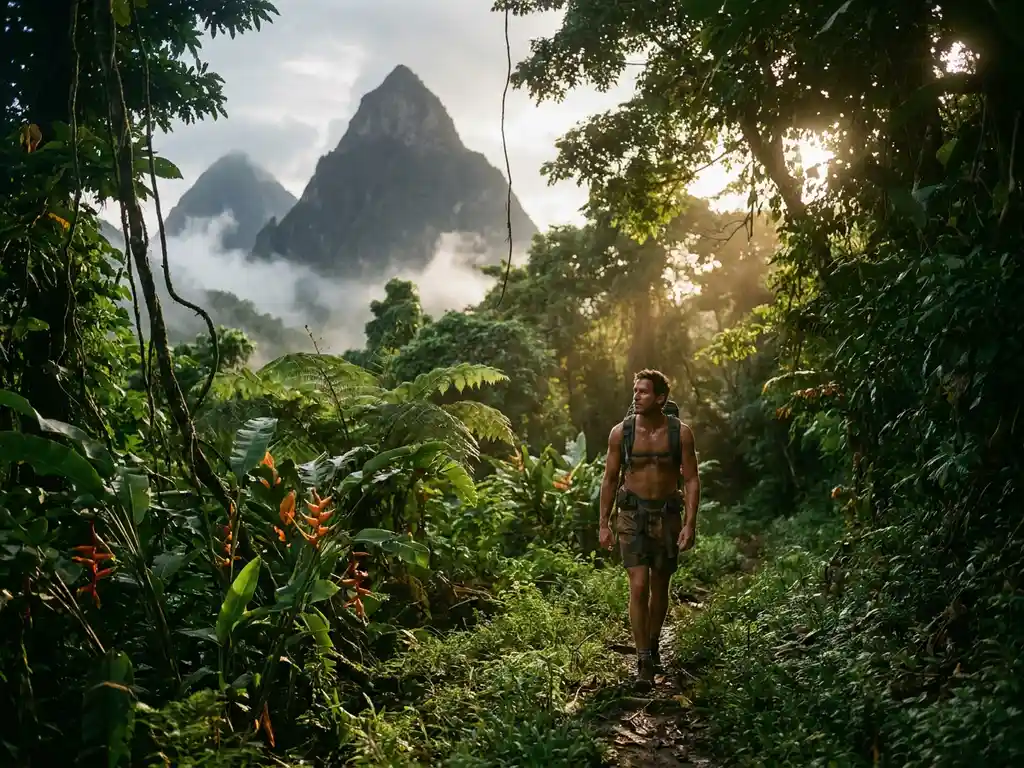 Wandelaar op junglepad in Saint Lucia met de mistige Piton-vulkanen op de achtergrond, omgeven door tropische varens en heliconiabloemen.