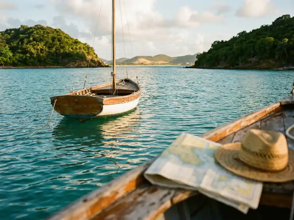Houten zeilboot voor anker in turquoise Caribisch water bij Saint-Martin, met een versleten zeekaart en strohoed op de rand.