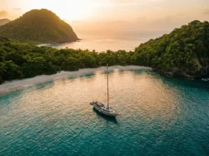 Houten zeilboot voor anker in turquoise Caribische baai tussen vulkanische kustlijnen met wit zandstrand en tropisch groen.