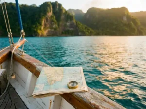 Houten zeilbootdek met uitkijk op turquoise Caribisch water en dramatische vulkanische kliffen van Dominica, kompas en reiskaart op de reling.
