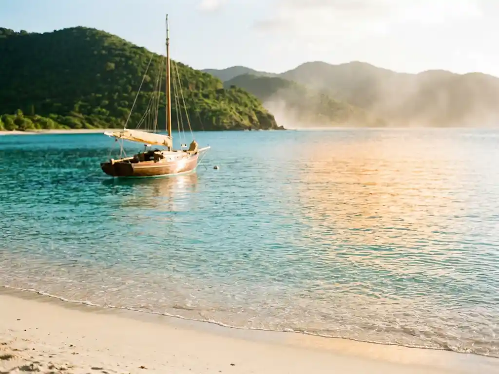 Turquoise baai van Saint-Martin met wit zandstrand, groene heuvels en een houten zeilboot op kalm kristalhelder water in gouden middaglicht.