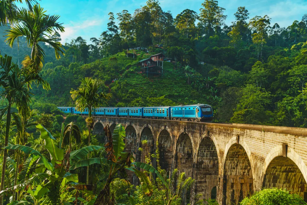 Een trein rijdend over de nine arch bridge nabij Ella op Sri Lanka