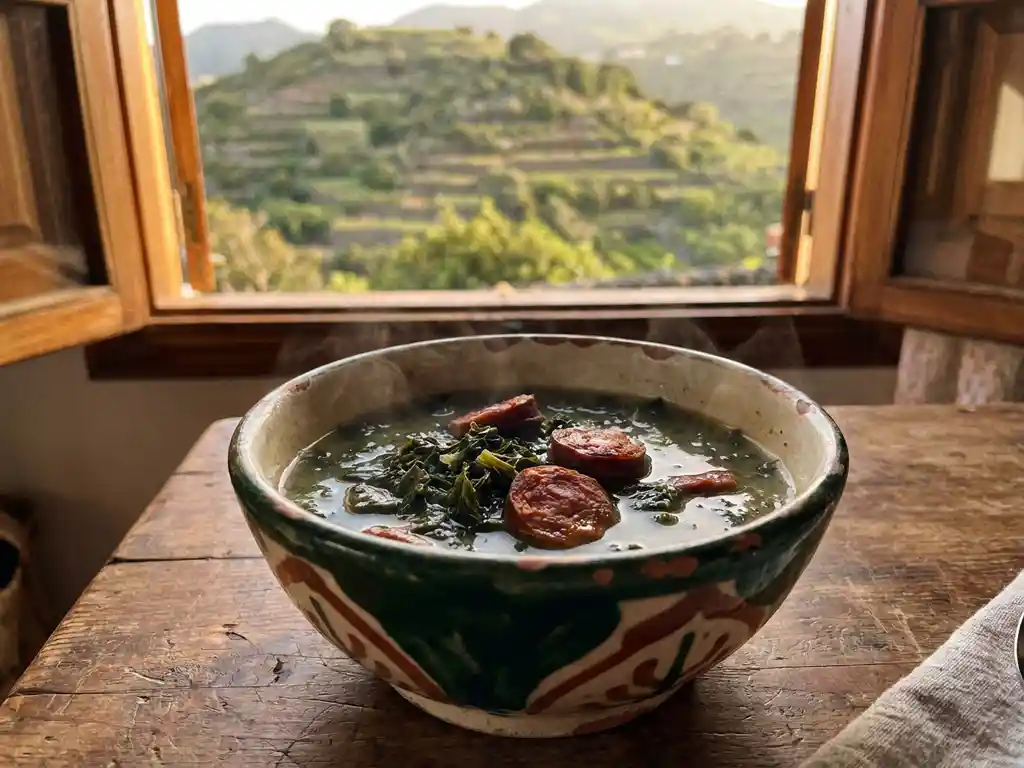 Dampende kom Azoriaanse caldo verde met donkergroene bladgroenten en chorizo op handbeschilderd aardewerk bord.