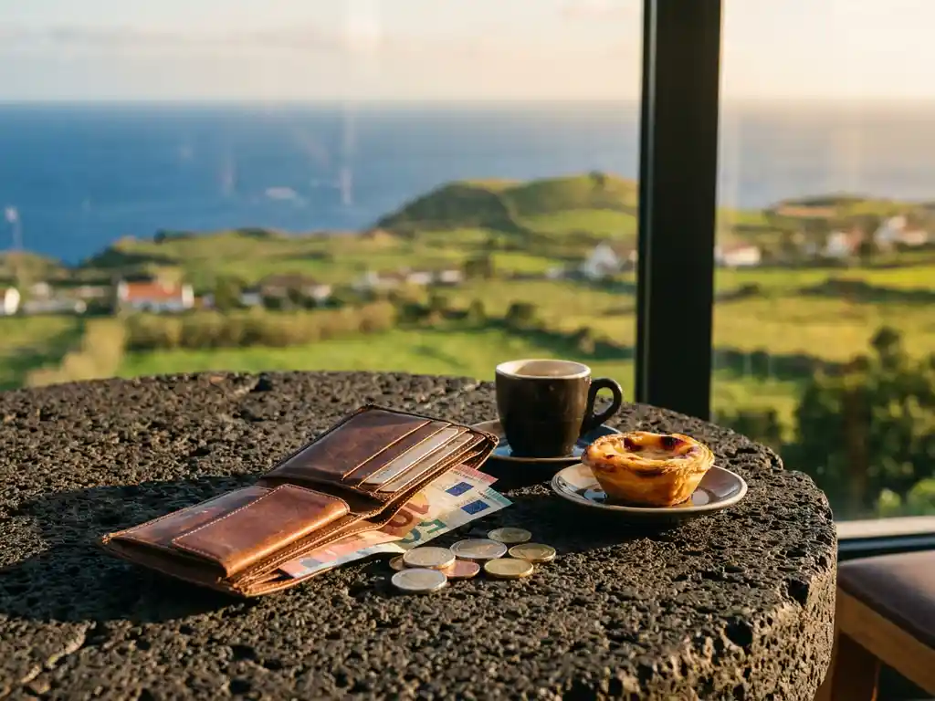 Versleten leren portemonnee met euro's, espresso en pastel de nata op vulkanisch steen, met Azoriaans groen landschap op de achtergrond.