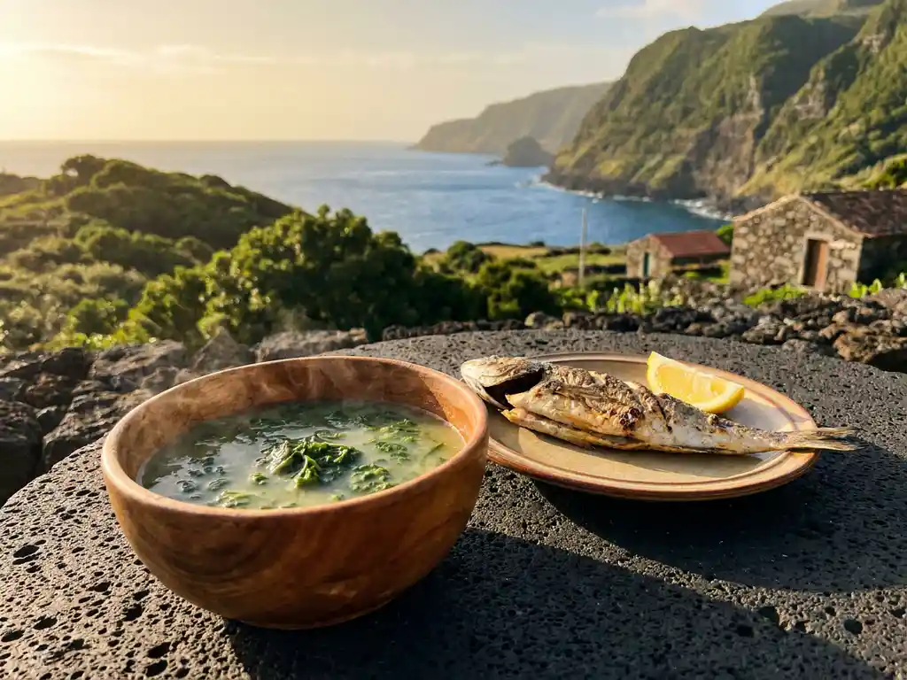 Dampende kom Azoriaanse caldo verde soep naast gegrilde vis op een rustiek lavastenen tafel, met groene vulkaanheuvels en Atlantische oceaan op de achtergrond.