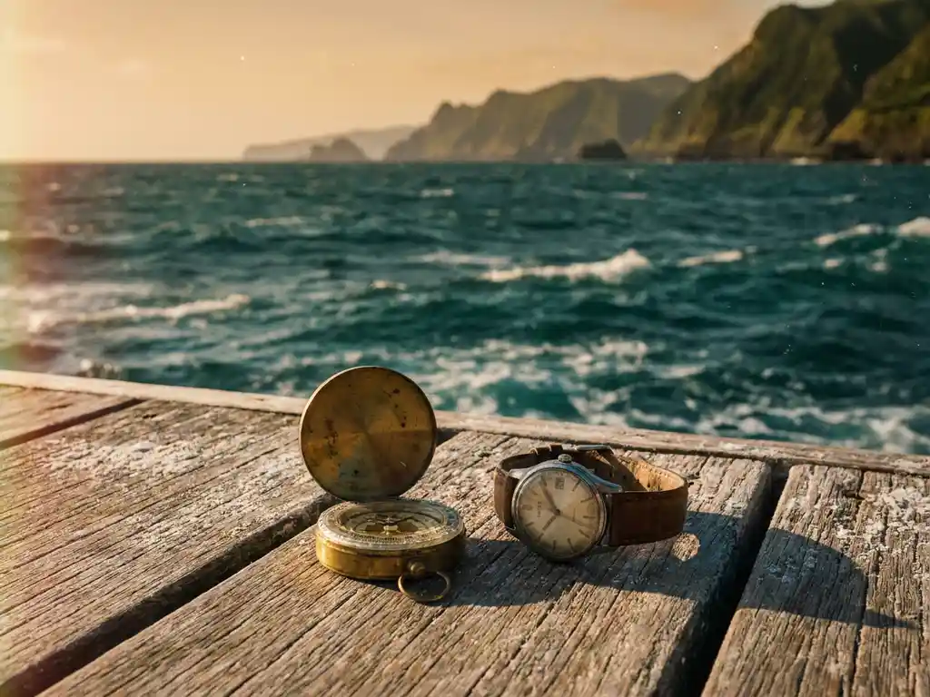 Vintage messing kompas en analoog horloge op verbleekt houten steiger met Azoren kliffen en Atlantische Oceaan op de achtergrond.