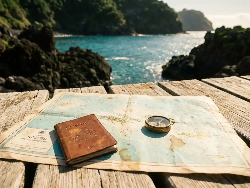Verouderde nautische kaart van de Azoren op een verbleekt houten dok, met een leren paspoort en kompas, turquoise Atlantische Oceaan op de achtergrond.