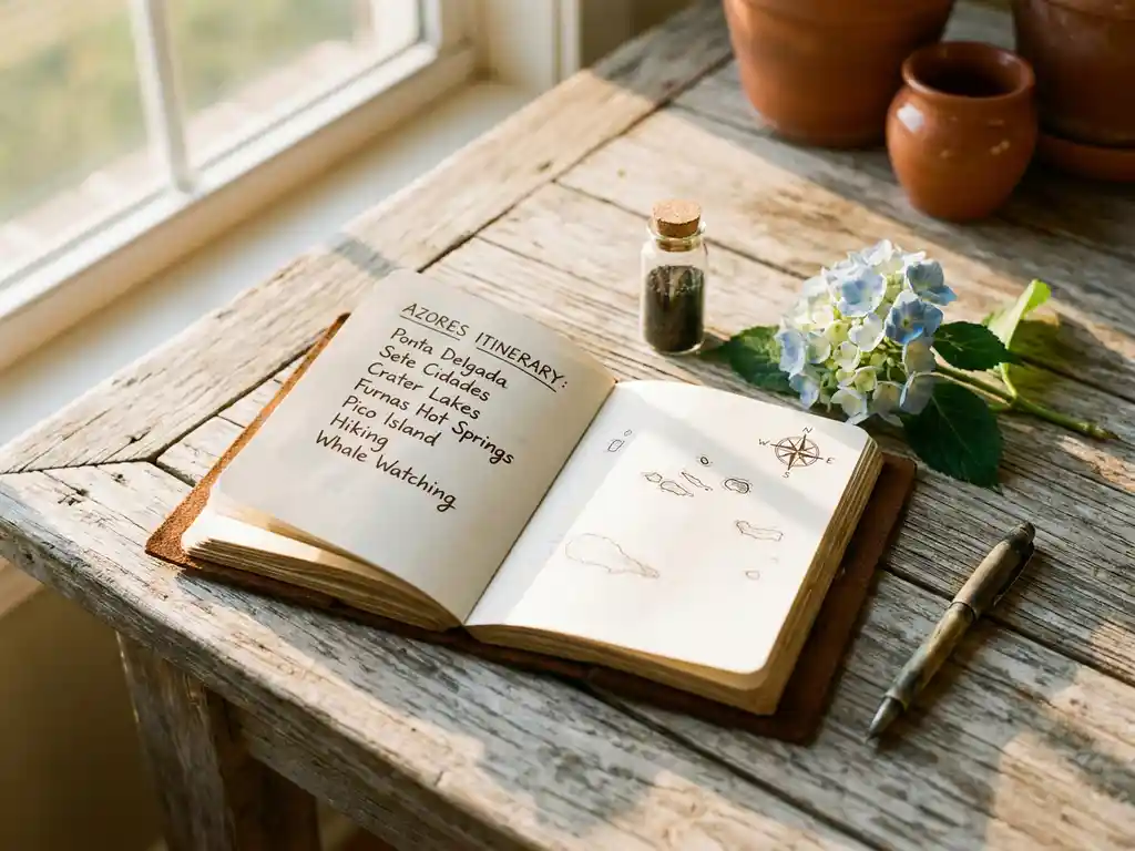 Versleten leren reisdagboek met handgeschreven Azoren-reisplan, zwart vulkanisch zand en hortensia's op vergrijsd houten tafel in warm zijlicht.