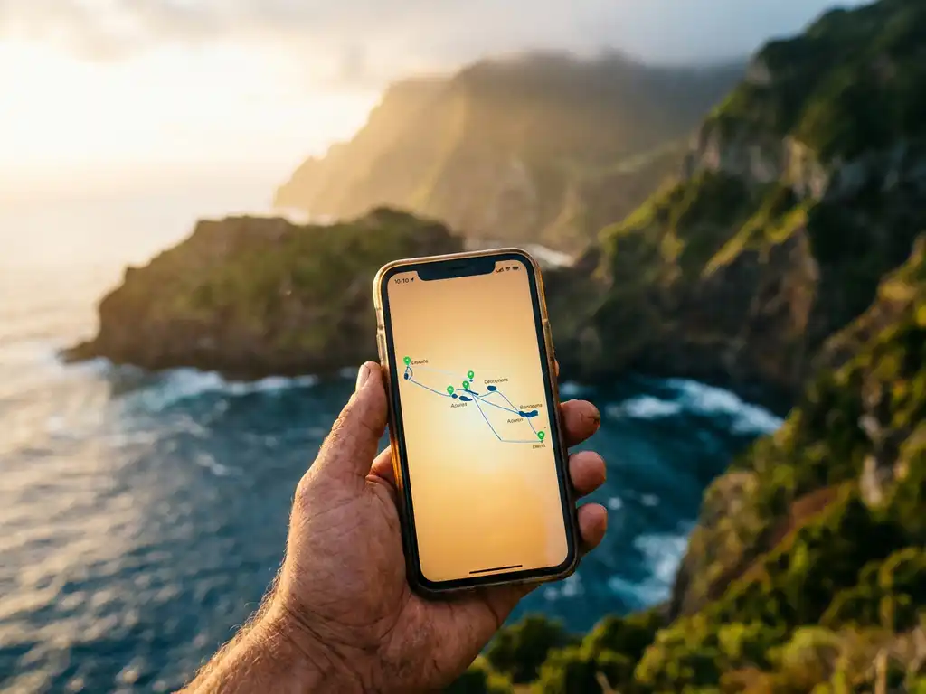 Verweerde hand houdt smartphone met reisitinerary kaart van de Azoren, met vulkanische kliffen en Atlantische oceaan op de achtergrond.