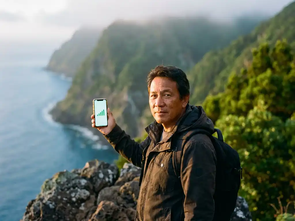 Reiziger met smartphone met sterk signaal op vulkanische klif op de Azoren, groene kustlijn en oceaan op achtergrond.