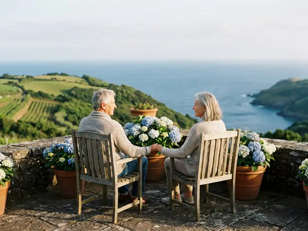 Senioren paar rustend op zonnig stenen terras met uitzicht op groene Azoren heuvels en de Atlantische Oceaan, terracotta potten met hortensia's.