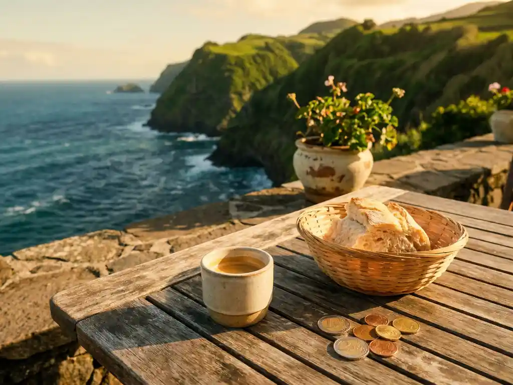 Rustiek Azoriaans terrasje met espresso, brood en euromunten, uitkijkend over groene vulkanische kliffen en de Atlantische Oceaan.