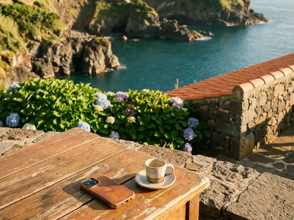 Verweerde houten tafel op een zonnig Azoriaans terras met smartphone en espressokopje, vulkanische kustlijn en blauwe Atlantische Oceaan op de achtergrond.