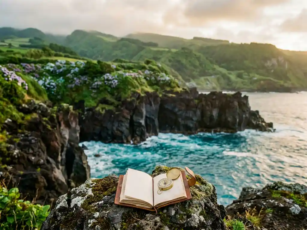 Basaltrotsen van de Azoren dalen af in turquoise Atlantisch water, met lederen reisdagboek en kompas op bemost rots op de voorgrond.