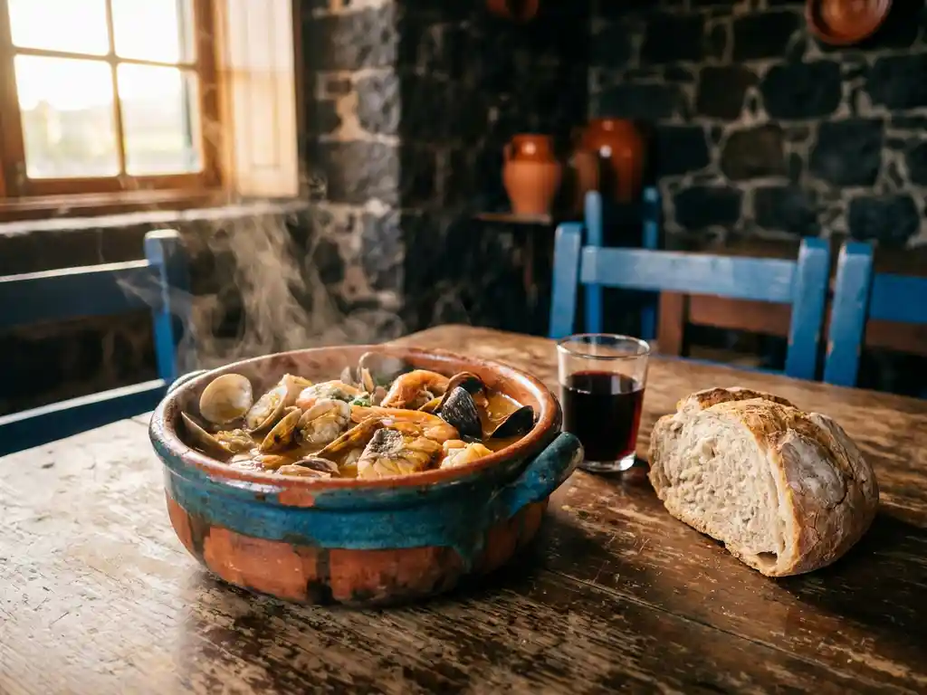 Dampende zeevruchtenstoofpot in rustieke keramische kom op verweerde houten tafel in Azoriaanse taverne, omringd door brood en regionaal wijnglas.