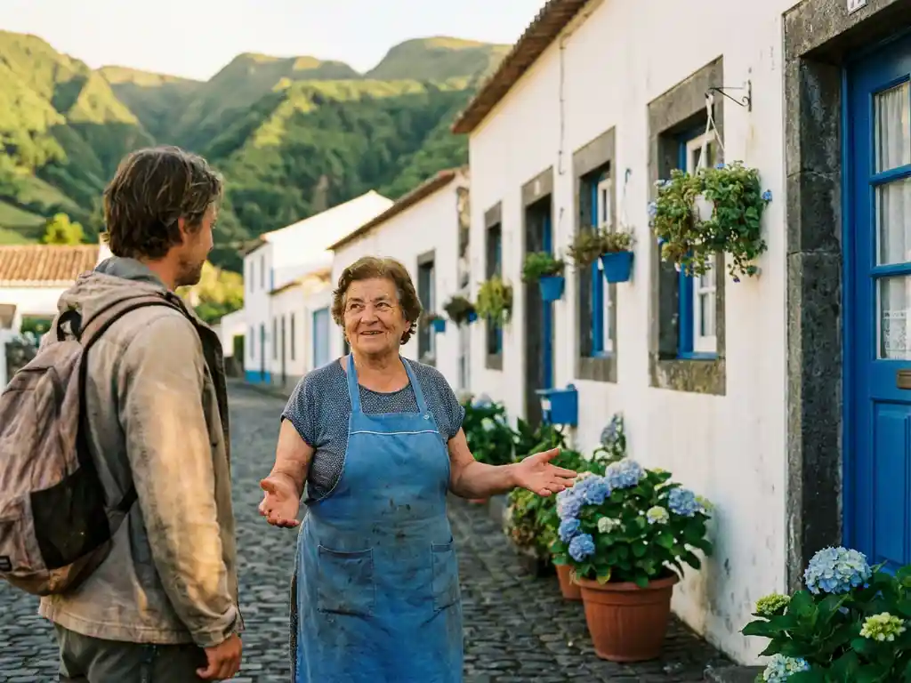 Azoriaanse winkelier verwelkomt reiziger op een keistraatje in São Miguel, met witte huizen met blauwe details en groene vulkanische heuvels op de achtergrond.