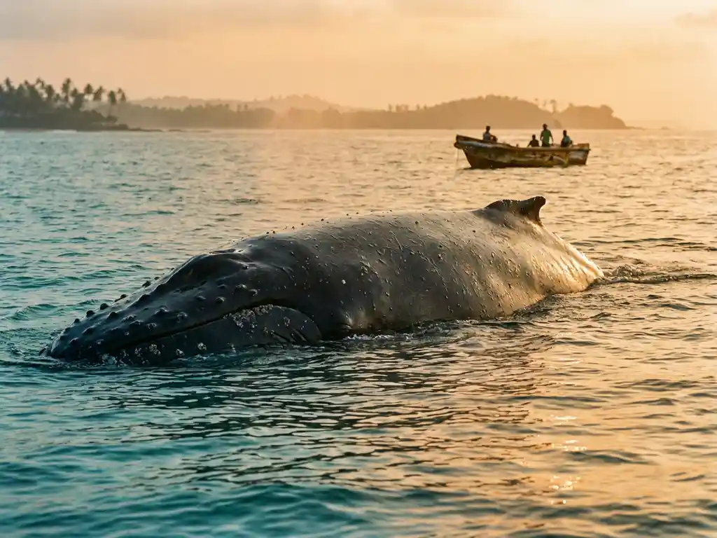 Blauwe vinvis komt op aan de oppervlakte bij Mirissa, Sri Lanka, met een klein walvissafariboot op de achtergrond in gouden ochtendlicht.