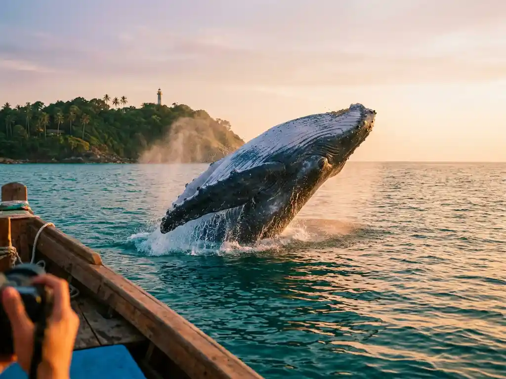 Blauwe vinvis die opspringt uit de turquoise oceaan bij de zuidkust van Sri Lanka, gouden zonlicht op het opspattende water.