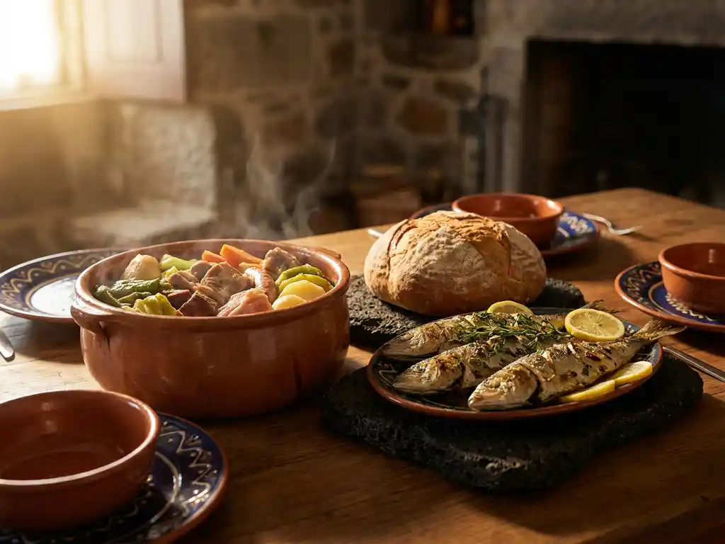 Dampende klei pot cozido das Furnas met vers brood en gegrilde vis op rustieke houten tafel, warm goudkleurig licht.