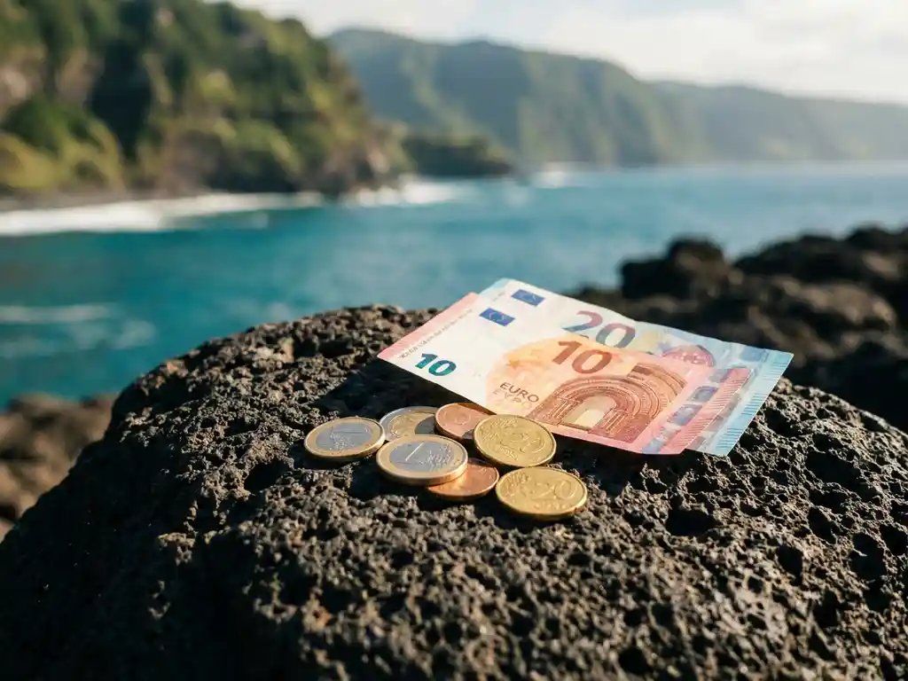 Euro munten en bankbiljetten op zwart vulkanisch gesteente op de Azoren, met turquoise Atlantische Oceaan op de achtergrond.