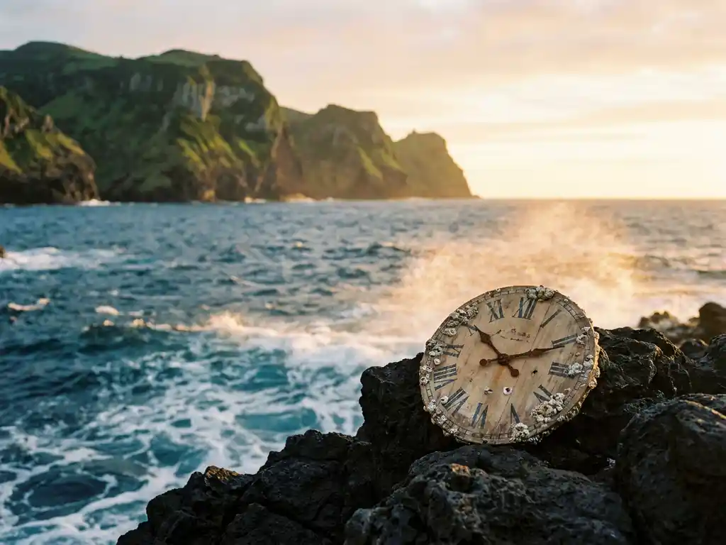 Verouderde houten klok op vulkanisch zwart gesteente aan de Atlantische Oceaan, met groene kliffen van de Azoren op de achtergrond.