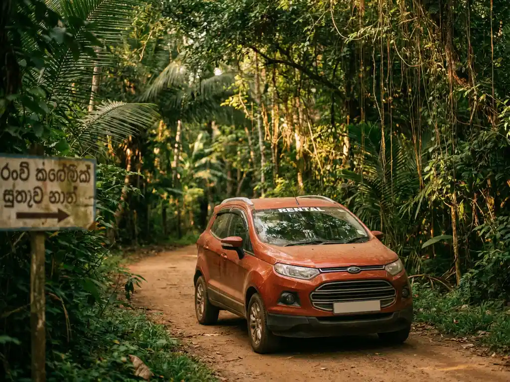Rode huurauto op een smalle kronkelende bergweg door weelderig tropisch junglegebied in Sri Lanka, gouden middaglicht door palmbladen.