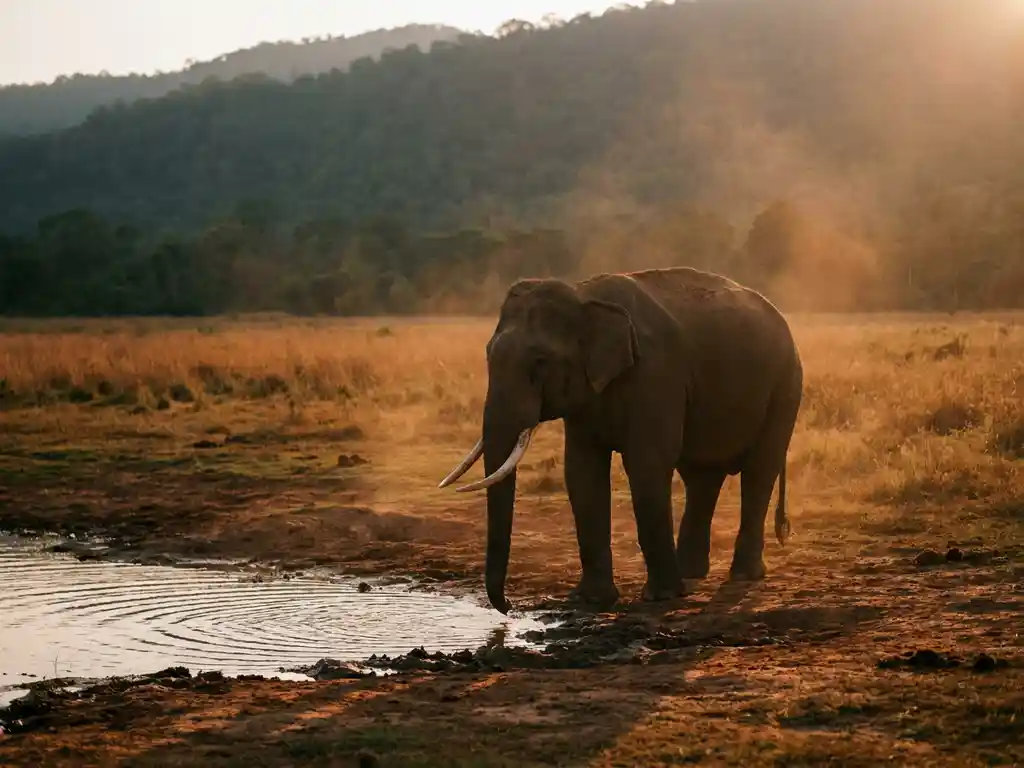 Eenzame olifant bij een gouden savannewaterpoel in Sri Lanka, droog ambergras en mistig junglerand in warm middaglicht.