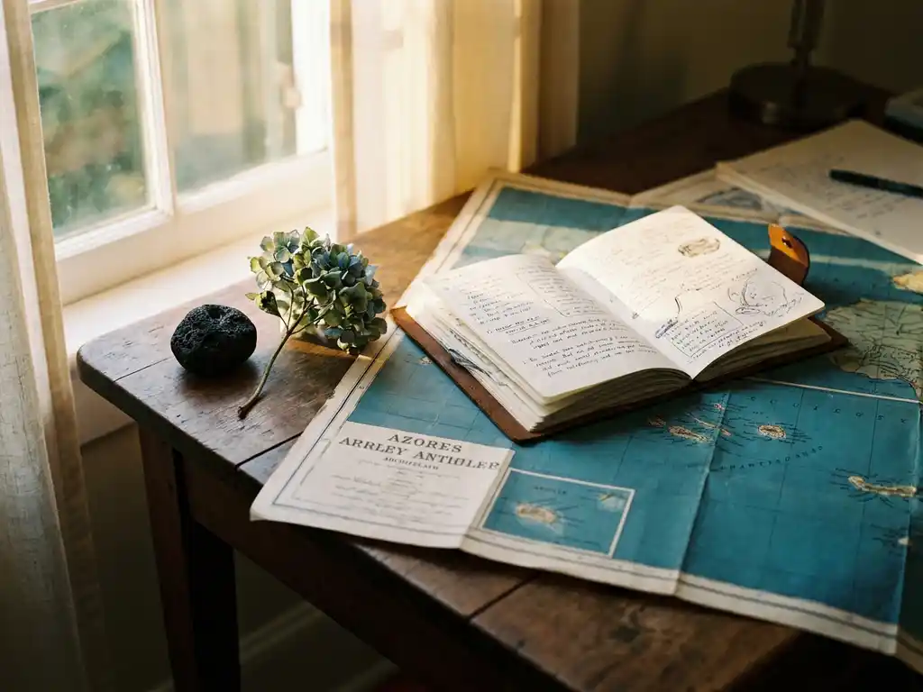 Reisontwerper bureau met opengeslagen handgeschreven dagboek, kaart van de Azoren, vulkanisch steen en hortensia's in middaglicht.