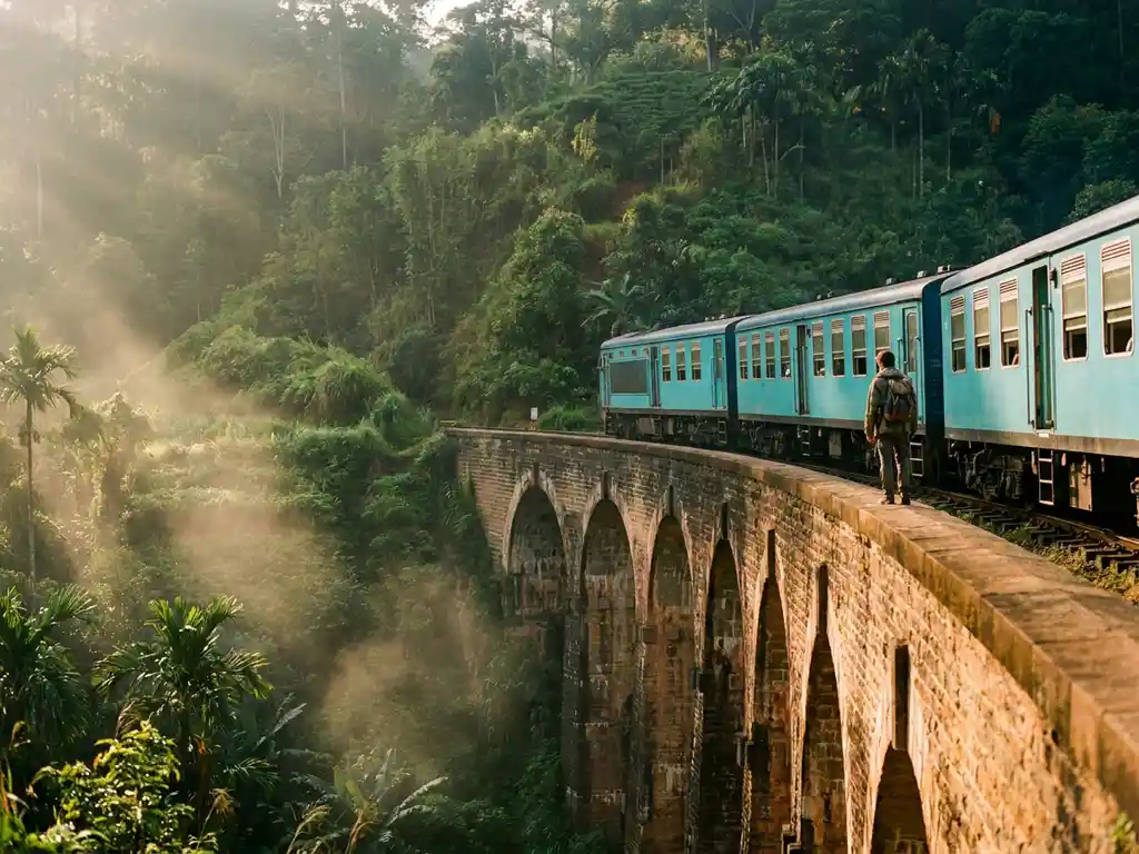 Reiziger op de Nine Arch Bridge in Ella, Sri Lanka, omgeven door weelderig oerwoud en ochtendmist, met een turquoise trein die passeert.