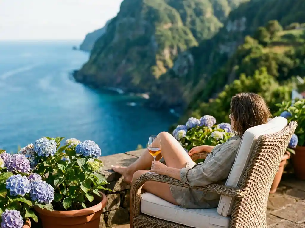 Reiziger ontspant in rieten stoel op zonnig terras met uitzicht op groene vulkanische kliffen en de Atlantische Oceaan, omlijst door hortensia's.