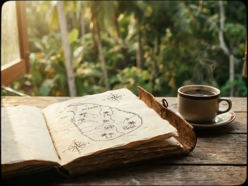 Verweerd leren reisdagboek met handgetekende Sri Lanka routekaart, naast een dampende kop Ceylon thee op een rustieke houten tafel.
