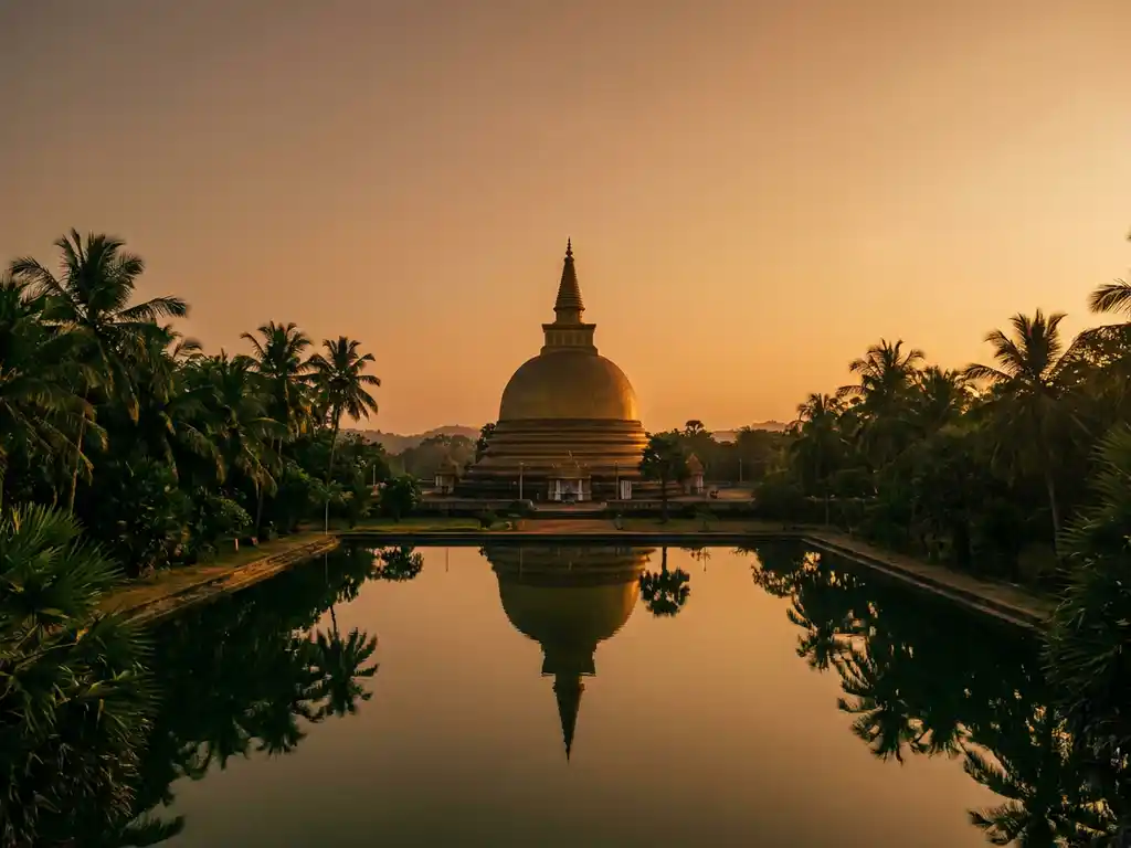 Gouden Sri Lankaanse stupa boven tropische palmbomen bij schemering, weerspiegeld in een kalme vijver, omgeven door weelderig groen gebladerte.