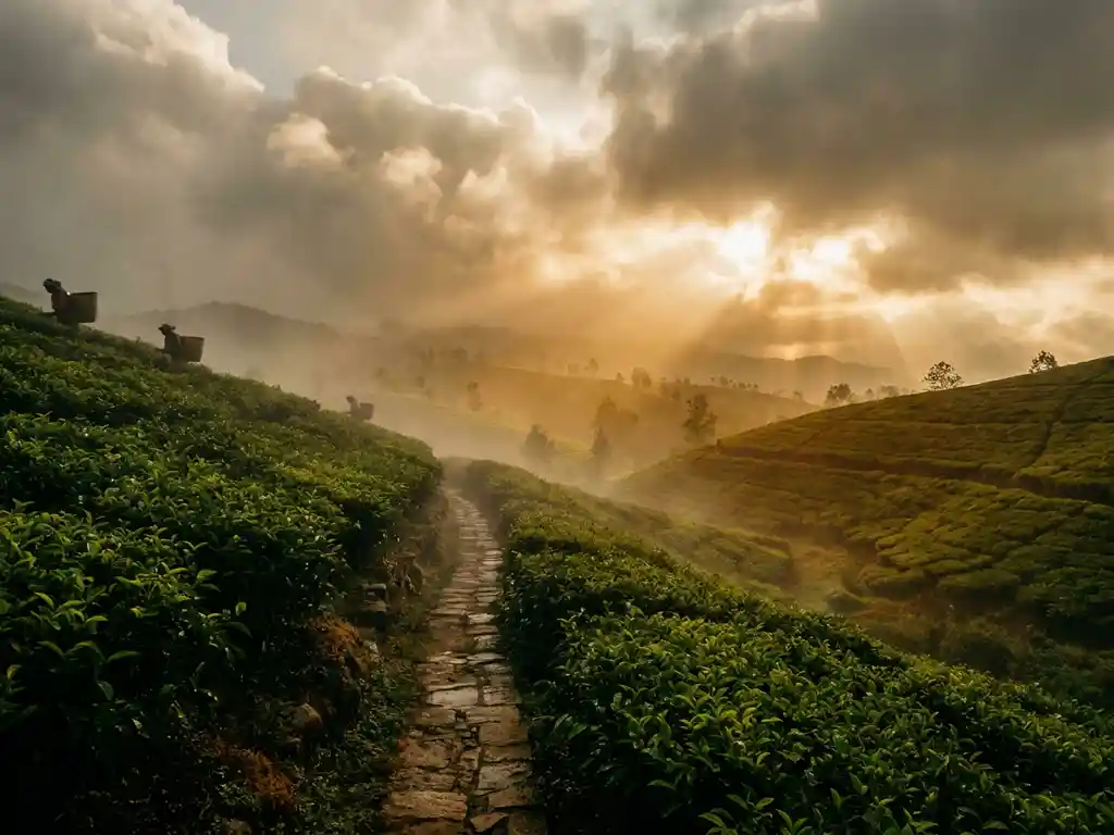 Groene theeplantage op mistige heuvels in Sri Lanka's centrale hooglanden, met een stenen pad tussen de terrassen in warm ochtendlicht.