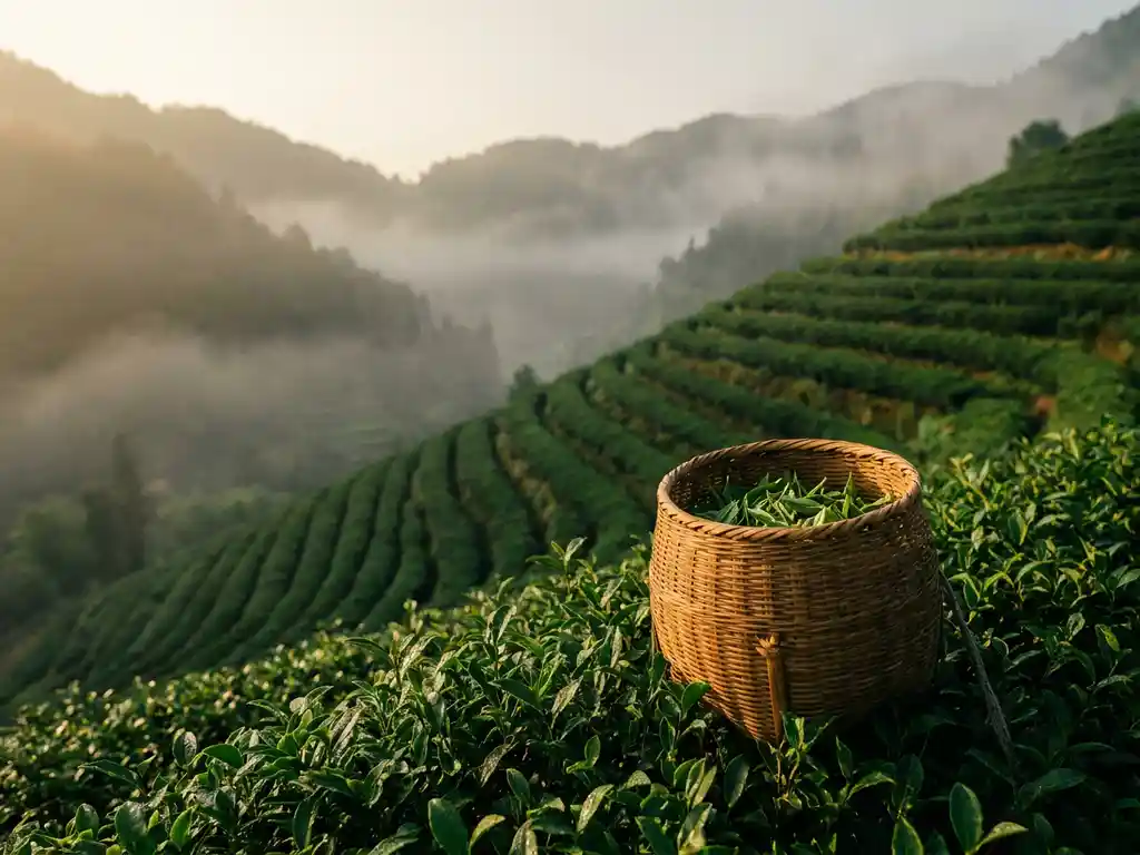 Rieten mand vol verse theebladeren op een terrasvormige theeplantage in de mistige heuvels van Sri Lanka.