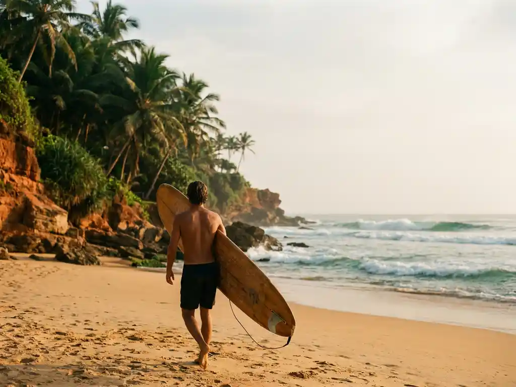 Surfer met verweerde longboard wandelt bij zonsopgang over een goudkleurig Sri Lankaans strand, omgeven door palmbomen en terracotta kliffen.