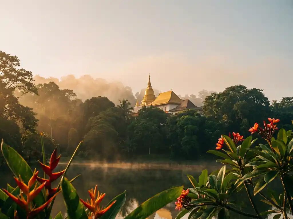 Gouden dak van de Tempel van de Tand in Kandy, omgeven door weelderig regenwoud en ochtendmist boven een kalm meer.
