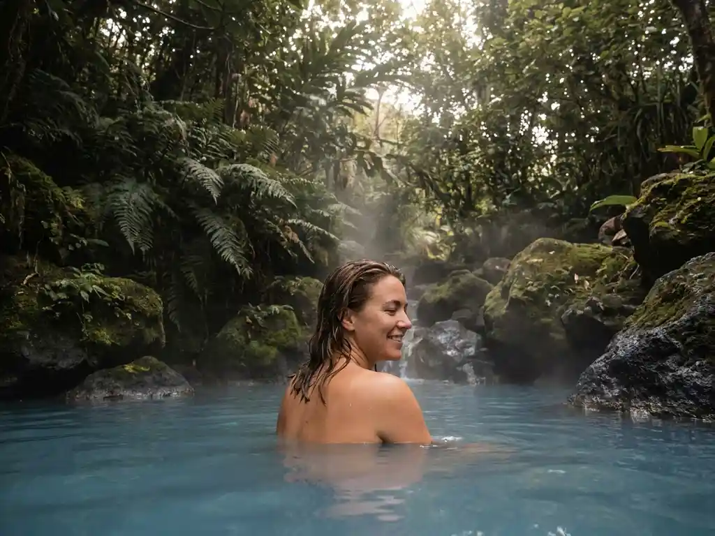 Toerist ontspant in een dampende natuurlijke warmwaterbron omringd door vulkanische varens, mosrijke rotsen en een tropisch jungleluifel.