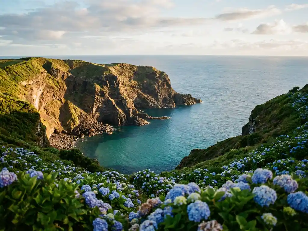 Vulkanische caldera op Faial met blauwe Atlantische Oceaan, groene kraterwand begroeid met paarse en blauwe hortensia's in middagzon.