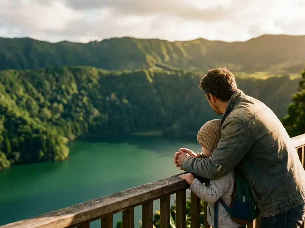 Kind en ouder bij houten uitkijkpunt over het smaragdgroene kratermeer van Sete Cidades op São Miguel, Azoren.