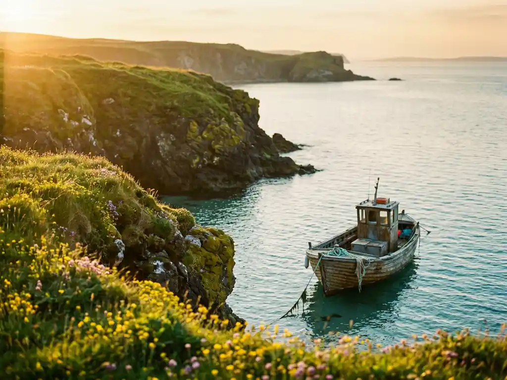 Verouderd vissersvaartuig voor vulkanische groene kliffen aan de Atlantische kust, met turquoise water en wilde bloemen op de rotsachtige oever bij gouden uur.