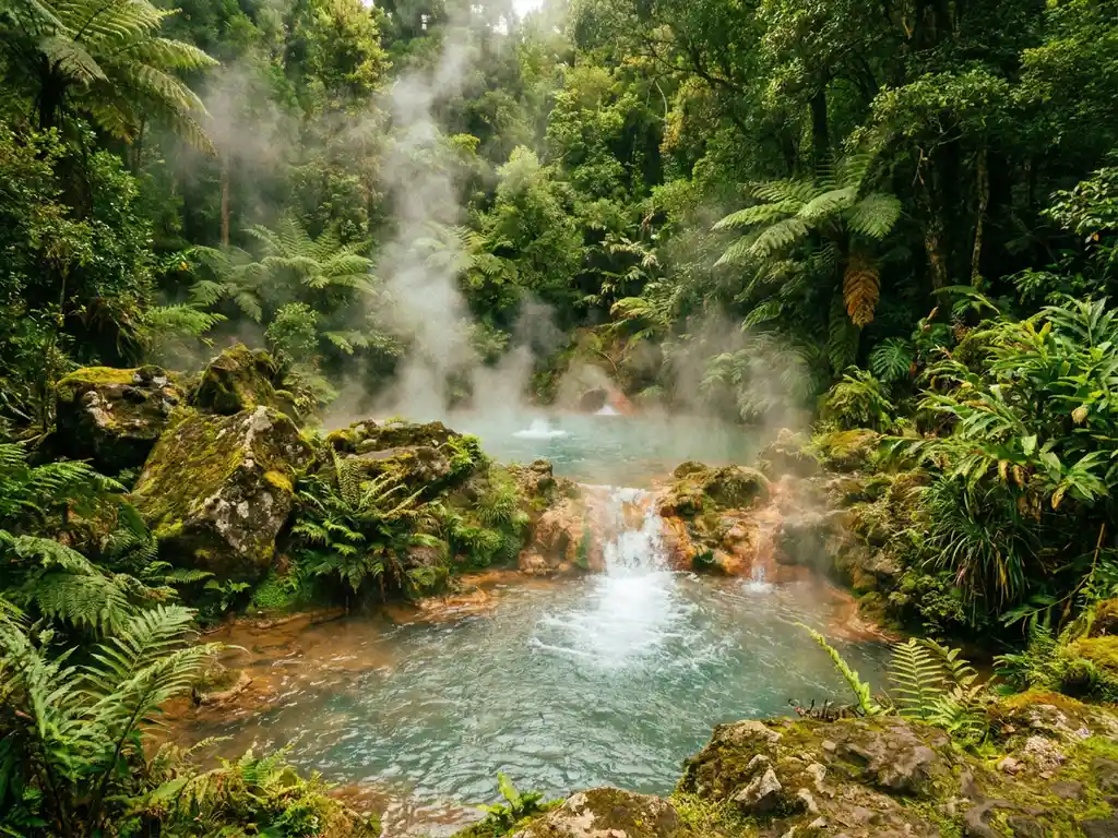 Dampende geothermische bronnen bij Furnas, São Miguel, omringd door weelderig groen tropisch regenwoud en met mos begroeide rotsen.