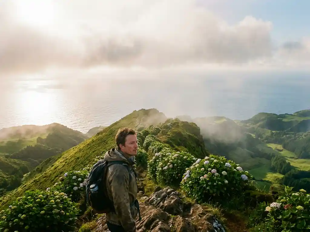Wandelaar op vulkanische bergkam São Miguel, omgeven door hortensia's, met mistige valleien en de Atlantische Oceaan op de achtergrond.