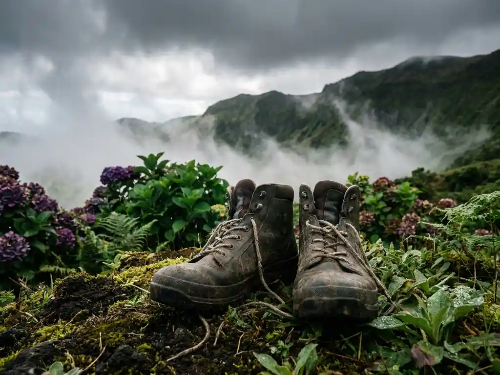 Versleten wandelschoenen op groen vulkanisch Azorens landschap, omgeven door paarse hortensia's en mistige Atlantische wolken.