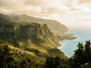 Weelderig groen vulkanisch dal op La Gomera met mistige laurierbossen en turquoise Atlantische kustlijn in gouden middaglicht.