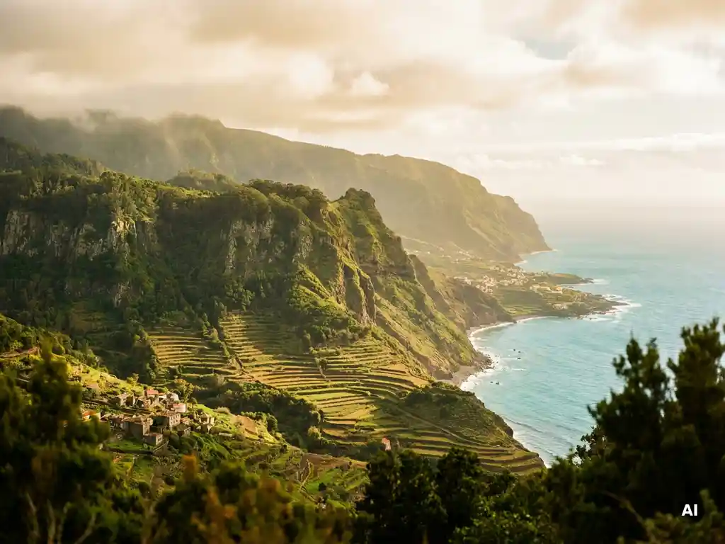 Weelderig groen vulkanisch dal op La Gomera met mistige laurierbossen en turquoise Atlantische kustlijn in gouden middaglicht.