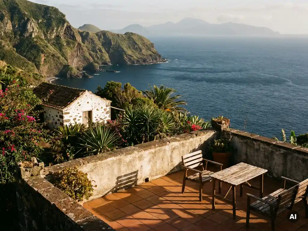 Zonbeschenen stenen terras met uitzicht op groene vulkanische kliffen en de Atlantische Oceaan, witgekalkte casita tussen subtropisch groen.