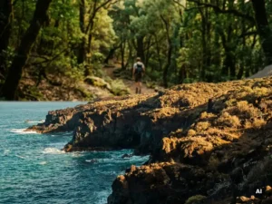 Vulkanische kustlijn van La Gomera met zwarte lavakliffen, turquoise Atlantisch water en wandelaar op laurierbospad op de achtergrond.