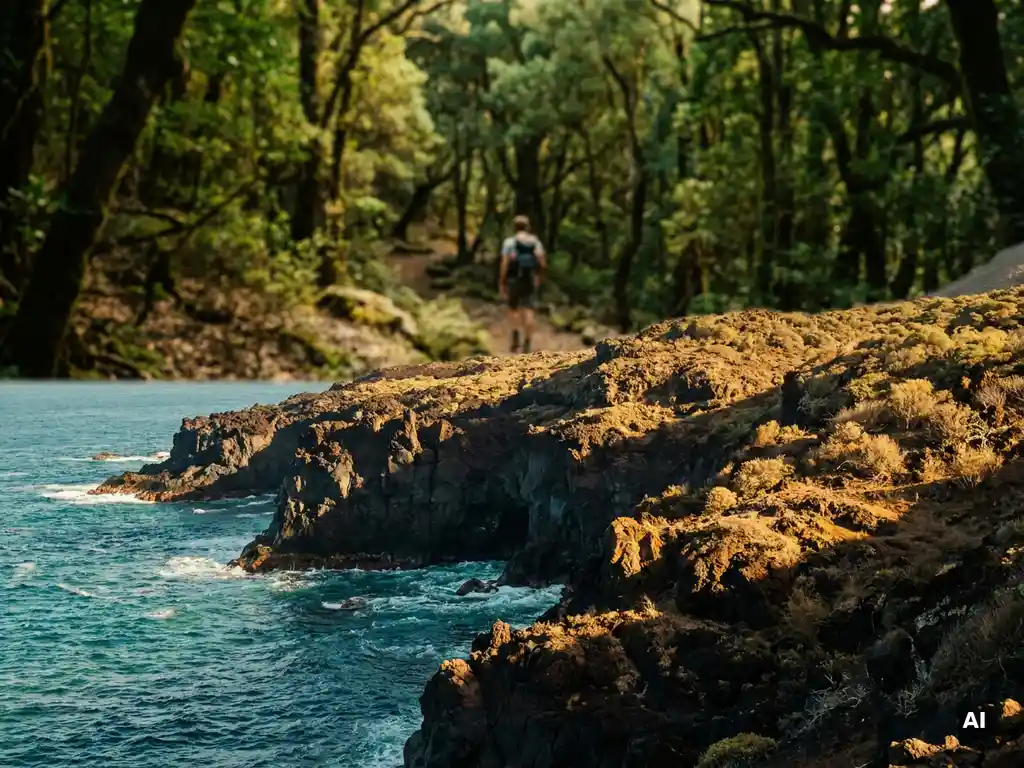 Vulkanische kustlijn van La Gomera met zwarte lavakliffen, turquoise Atlantisch water en wandelaar op laurierbospad op de achtergrond.