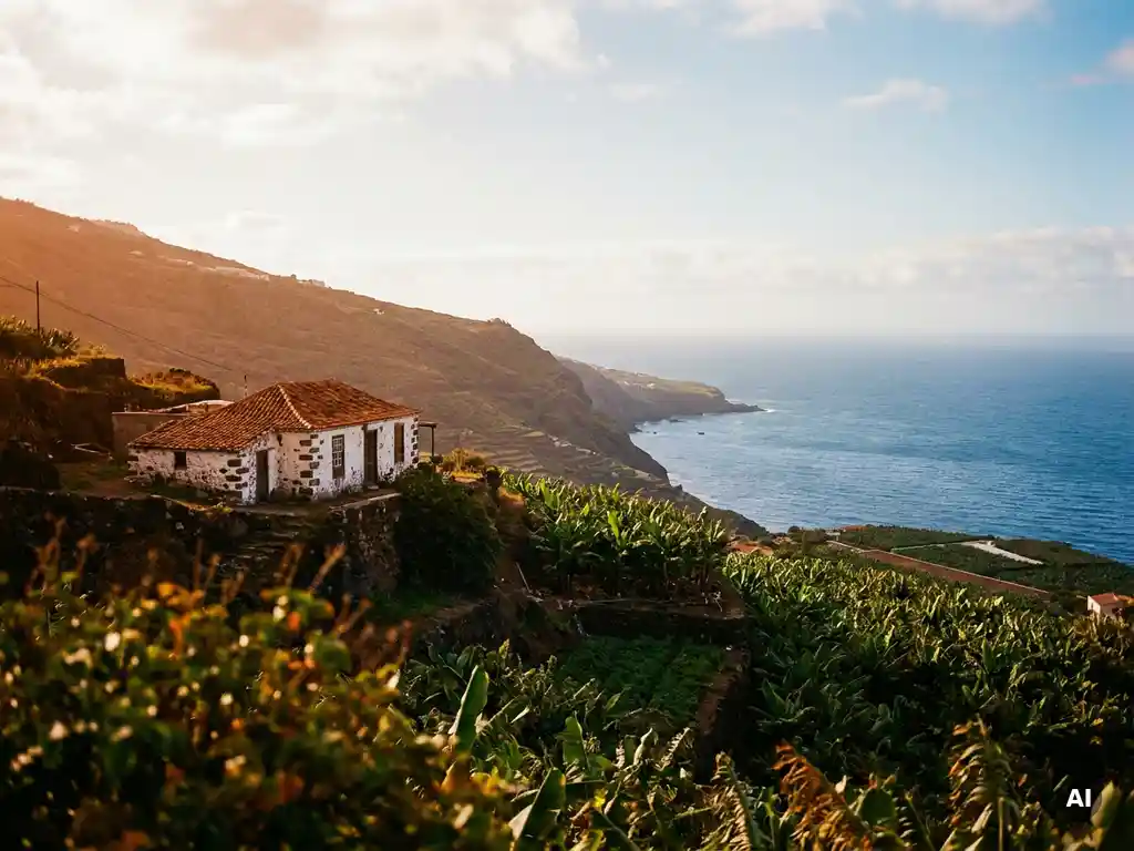 Witgekalkte stenen cottage met terracottadak op een vulkanisch helling van La Palma, omringd door bananaplantages en de Atlantische Oceaan.